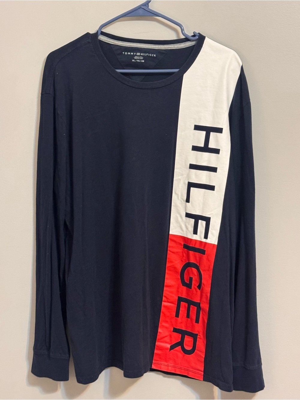 Tommy Hilfiger Men’s XL Long Sleeve Logo Colorblock Shirt Navy Red White